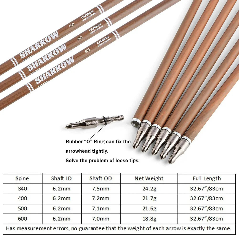 Pure Carbon Arrows 12pcs 31 Inch Spine 340-600 with 5 Inch Turkey Feathers 100 Grain Tips for Compound Recurve Bow Hunting Shooting