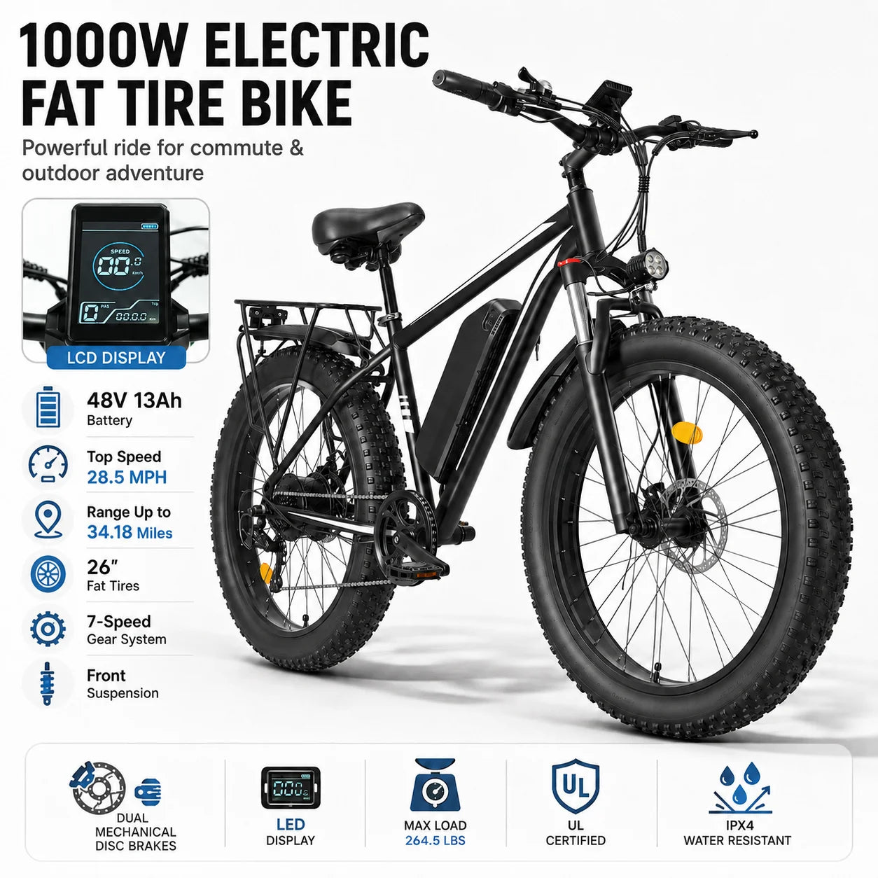 Adult Fat Tire Electric Bike 1000W Peak Motor 26 Inch 4.0" Wheel 48V 13Ah Battery 28.5MPH Top Speed 34.18 Miles Range 7 Speed All Terrain Ebike