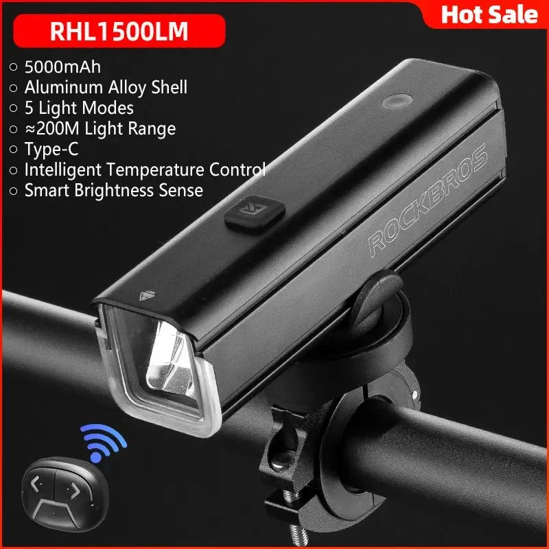Bicycle Light 1500LM 5000mAh Type-C Charging Bike Light Smart IPX6 Aluminum Alloy Light Front Lamp Cycling Headlight