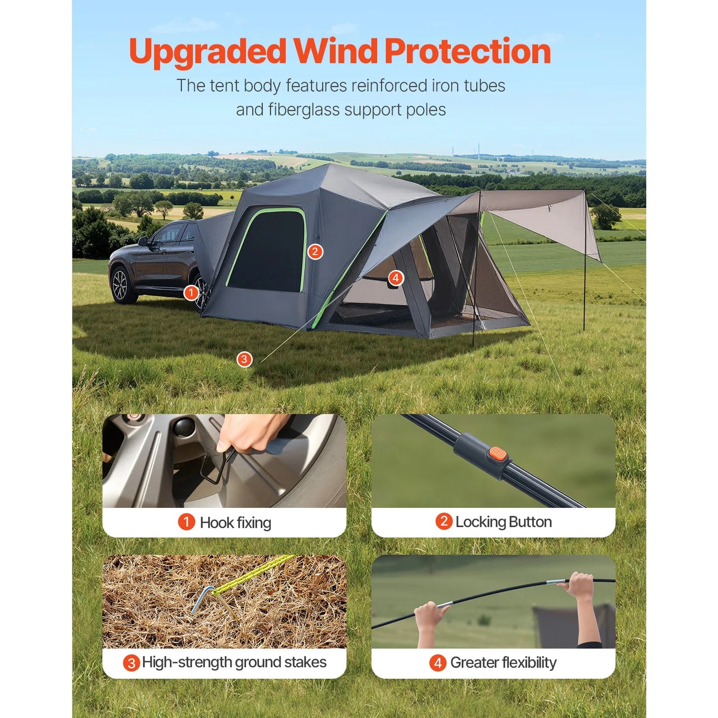 SUV Tent for Camping Waterproof PU2000mm Spacious Double Layer Design SUV Camping Tent with Shade Awning , Mesh Windows
