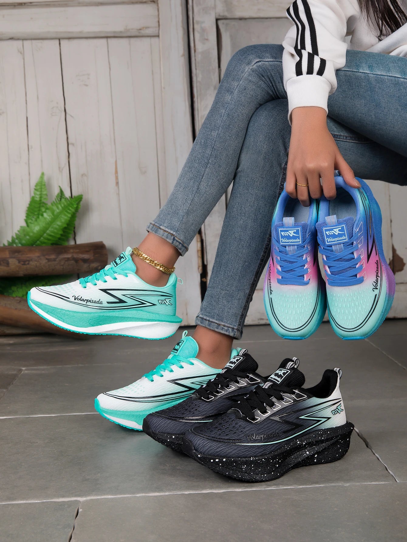 Women Gradient Lightning Print Running Sneakers Breathable Flying Weave Mesh Light Cushion Non Slip Shock Absorb Athletic Gym Jogging Sport Shoes