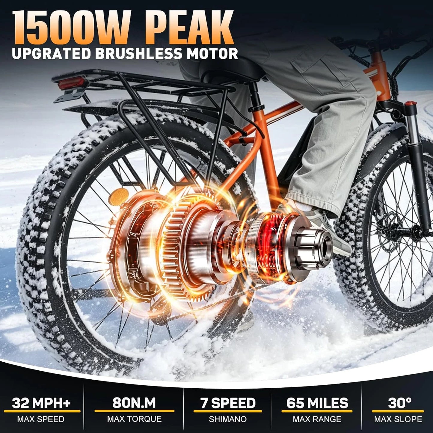 Orange Electric Bike 48V 15AH Battery 1500W Peak Motor 32MPH 26" Fat Tire Adults Mountain Off-Road Dirt Ebike