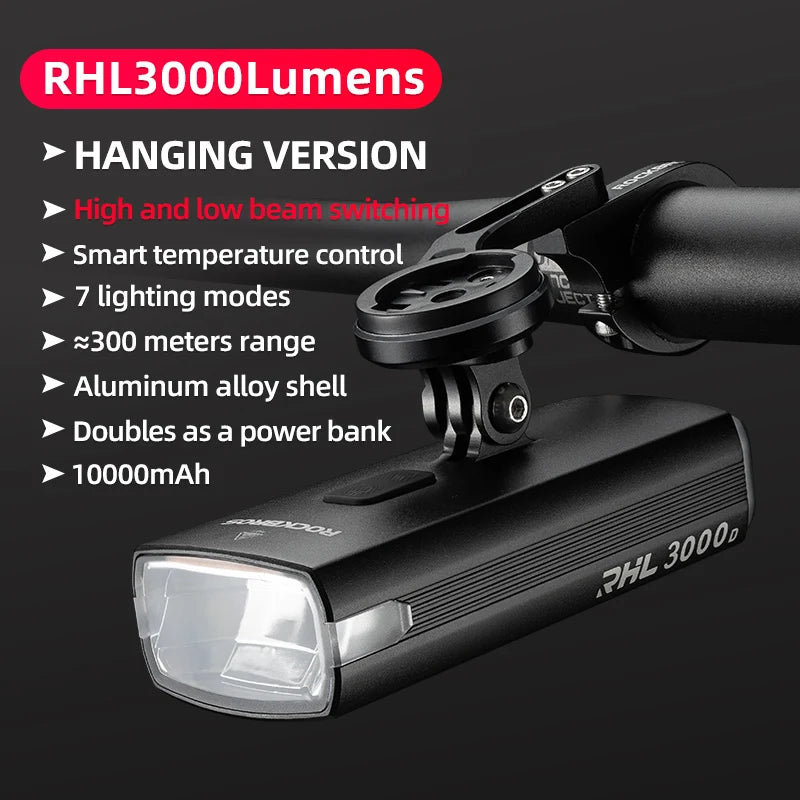 3000LM Bike Light 10000mAH Flashlight High-Low Beam Bicycle Front Light Powerbank Waterproof MTB Road Cycling Headlight