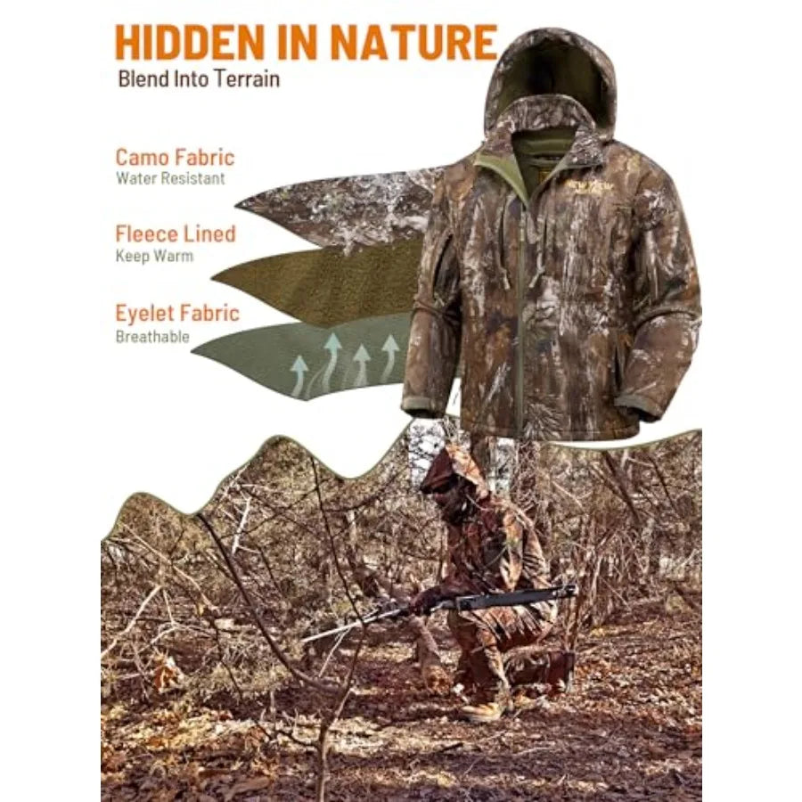 Camo Hunting Jackets for Men Warm Fleece Lined Hunting Jacket with Hood Quiet Water Resistant Hunting Clothes