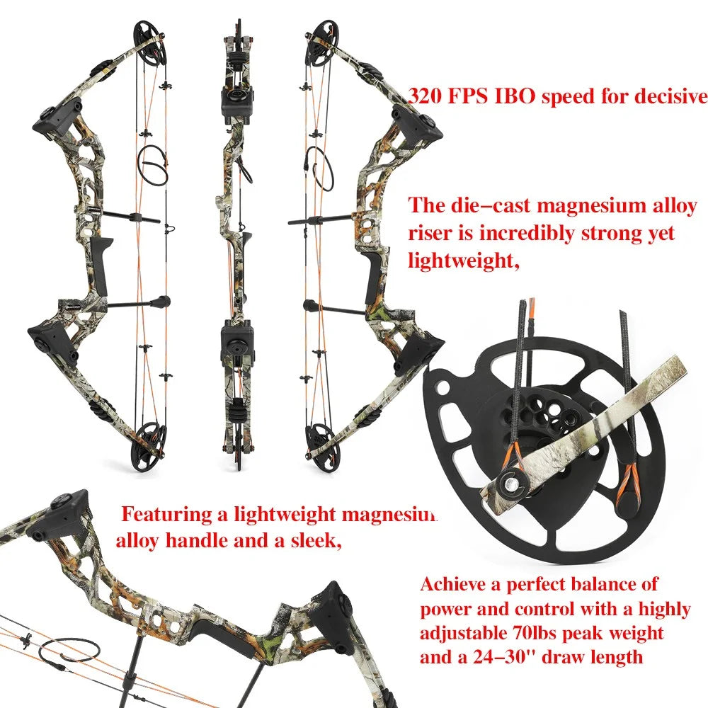 0-70lbs Compound Bow Adjustable 320fps Let Off 80% Right Hand Bow Magnesium Alloy Bow Handle for Outdoor Shooting Hunting Target