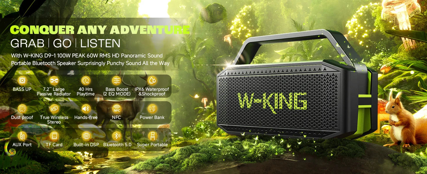 D9-1 Green Bluetooth Speaker, 100W Peak 60W HD IPX6 Portable Speaker Wireless Loud Waterproof Outdoor Party Large Boombox 2 Subwoofer/Ex-Large Passive Radiator-All Round Deep Bass/40H/PowerBank/TF/AUX/EQ