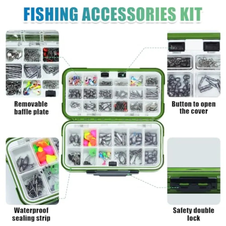 Fishing Backpack with Tackle Box - 358 Pcs Complete Fishing Tool Kit and Accessories Bundle for Anglers Includes Bait, Hooks, S