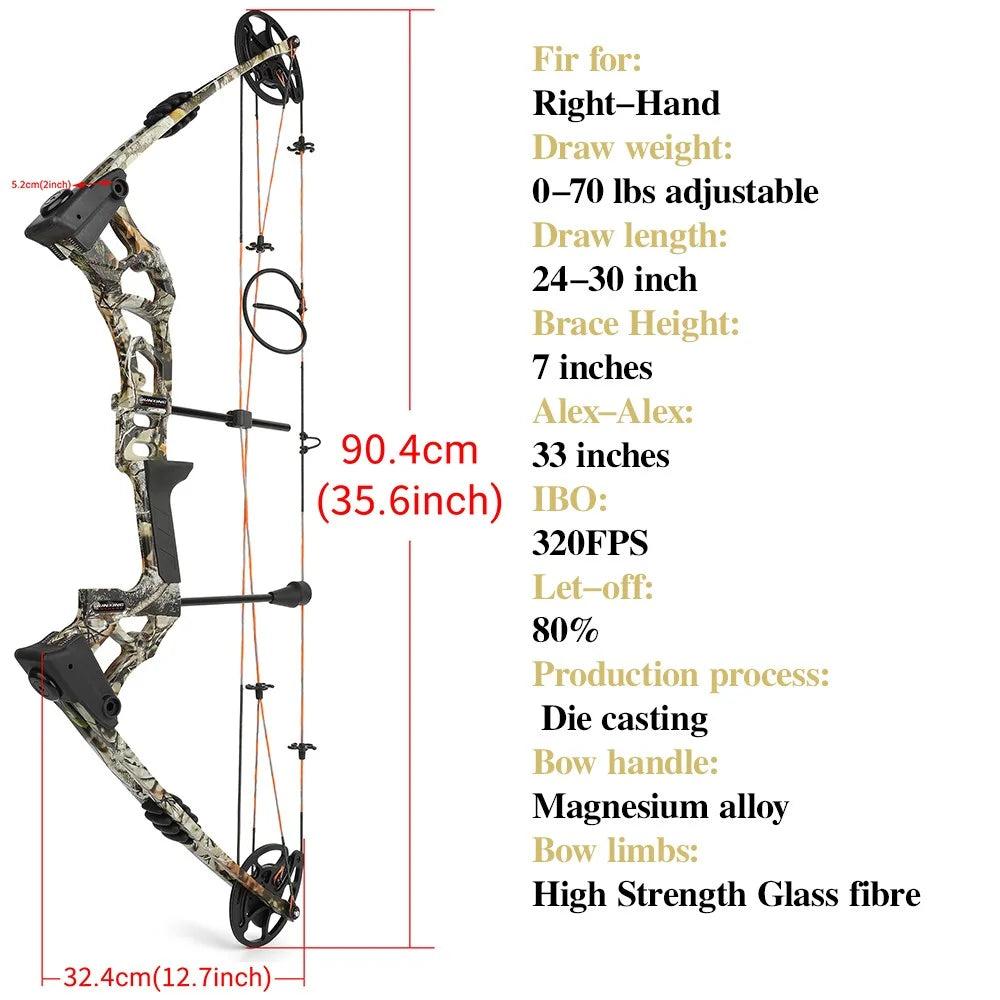 0-70lbs Compound Bow Adjustable 320fps Let Off 80% Right Hand Bow Magnesium Alloy Bow Handle for Outdoor Shooting Hunting Target