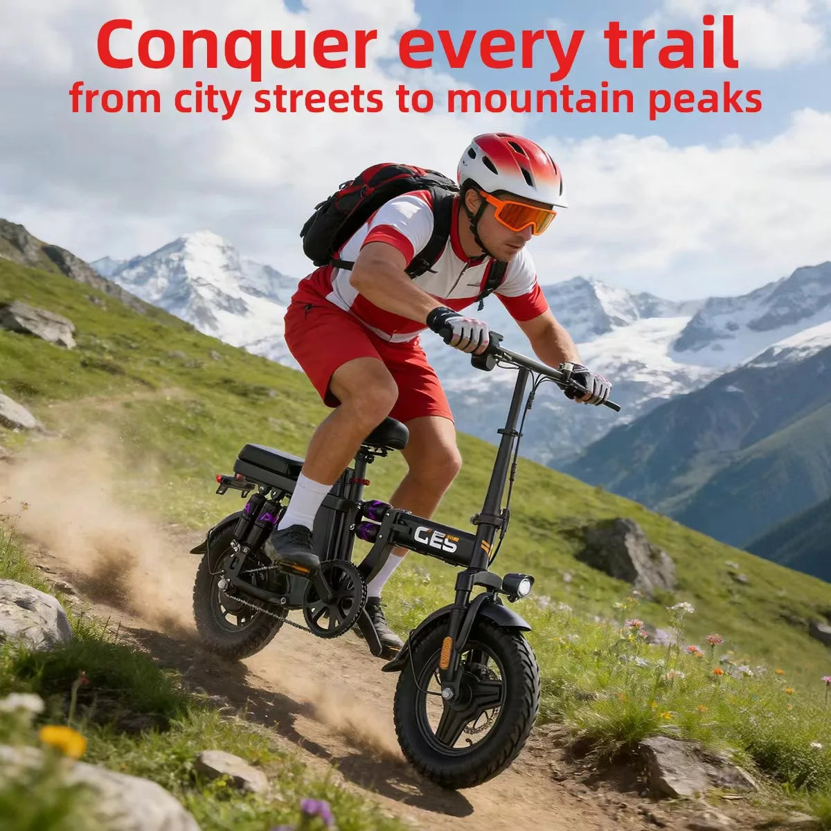 GE5 48V 15AH Battery EBike 30+MPH 250W Folding Electric Bike 30 Miles Max Range Electric Bike for Adults 14" Fat Tire