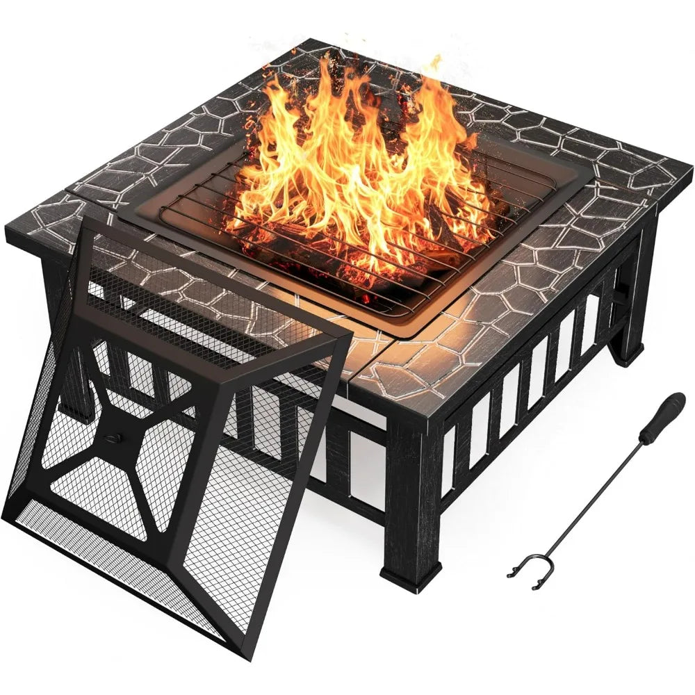 Outdoor Fire Pit, 32 Inch Firepit Table Metal Outdoor Fireplaces with Waterproof Cover for Outside Patio Camping (Silver)