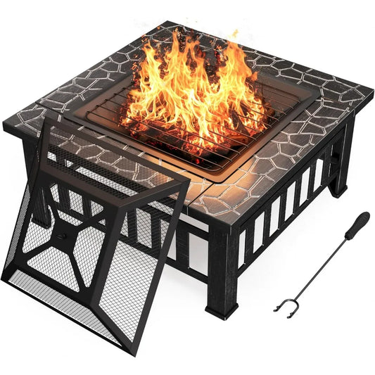 Outdoor Fire Pit, 32 Inch Firepit Table Metal Outdoor Fireplaces with Waterproof Cover for Outside Patio Camping (Silver)