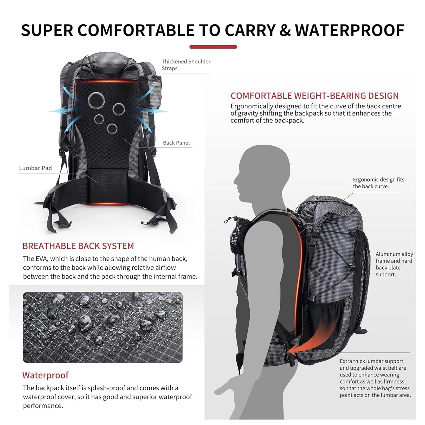 Outdoor Mountain Backpack 60+5L Waterproof High Capacity Sports Climbing Hiking Travel Bag With Rain Cover