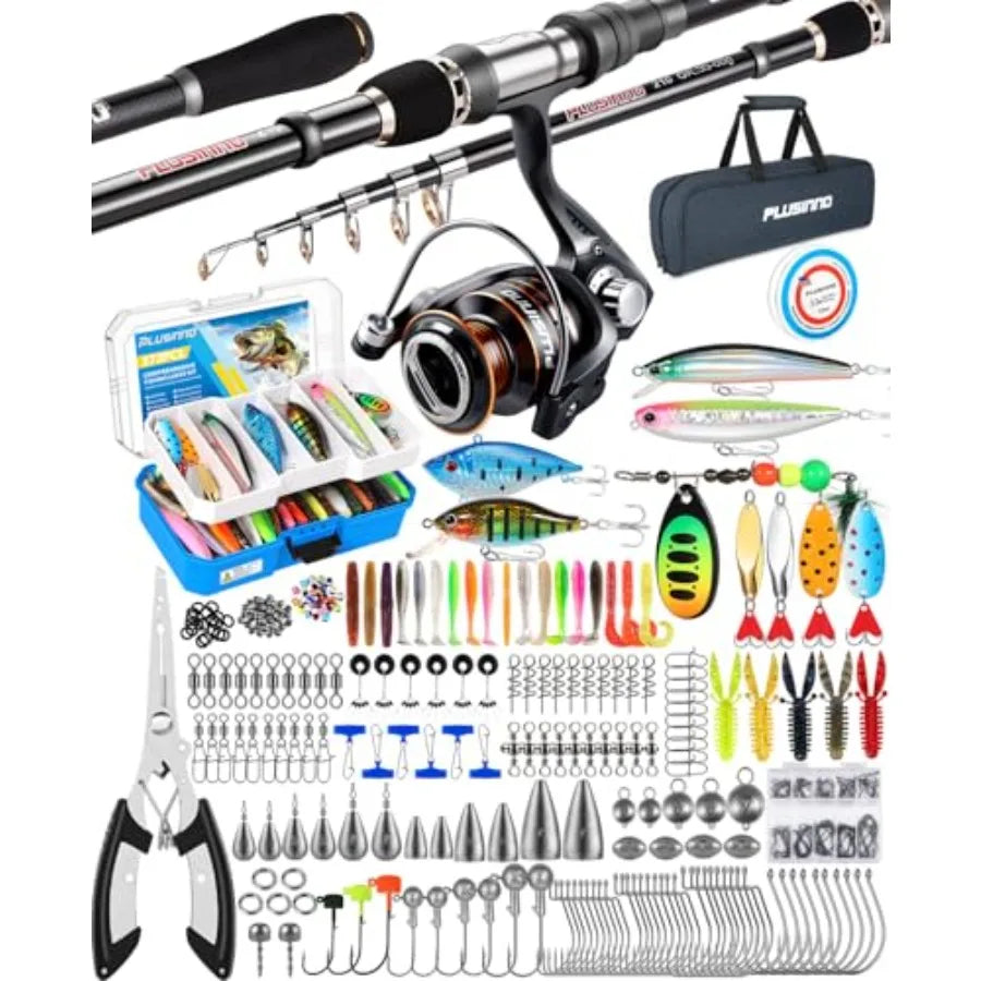 Fishing Gear - Telescopic Fishing and Reel Tackle Box, Collapsible Rod and Lures Box, Travel Fish Pole Starter Kit, Fishing Acc