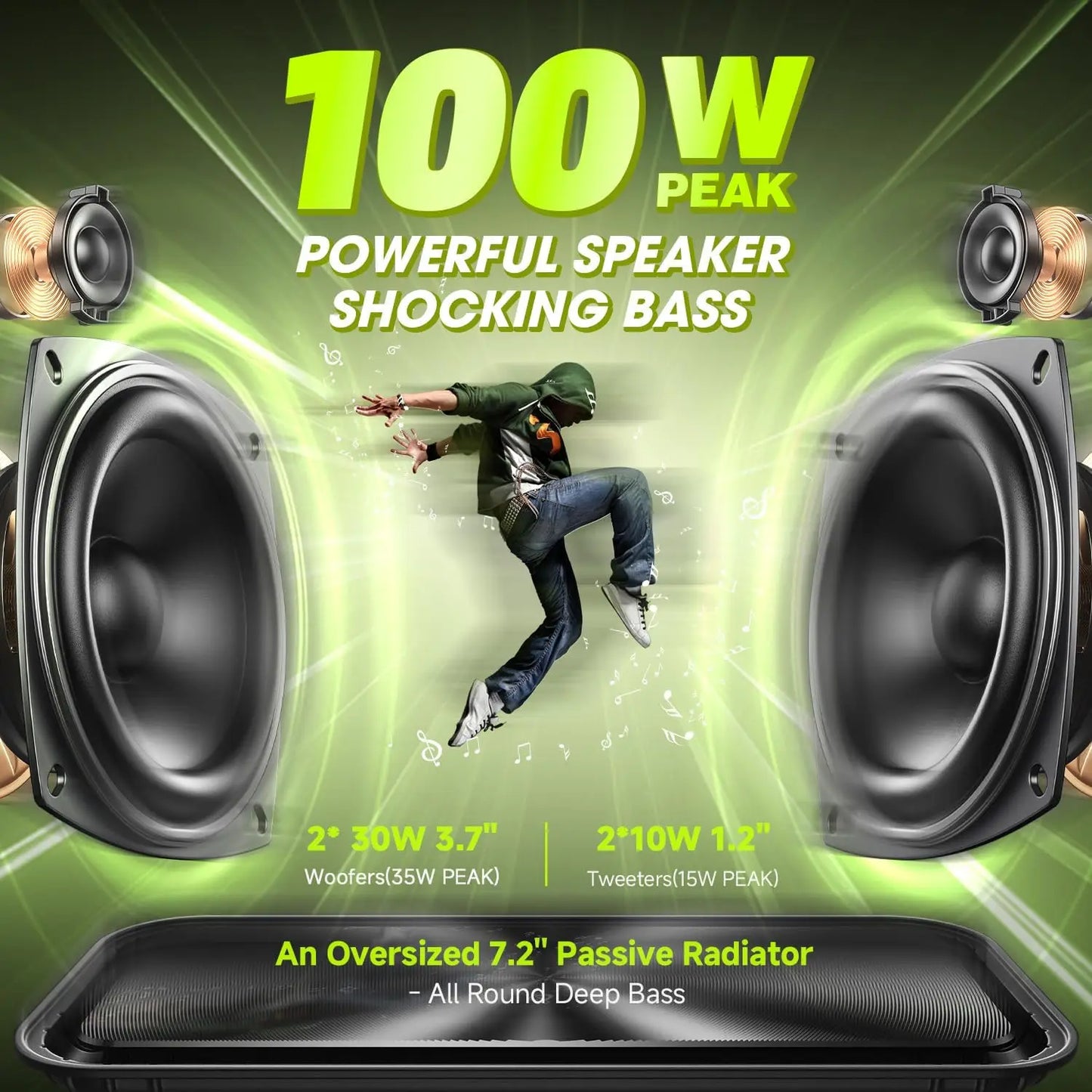 D9-1 Green Bluetooth Speaker, 100W Peak 60W HD IPX6 Portable Speaker Wireless Loud Waterproof Outdoor Party Large Boombox 2 Subwoofer/Ex-Large Passive Radiator-All Round Deep Bass/40H/PowerBank/TF/AUX/EQ