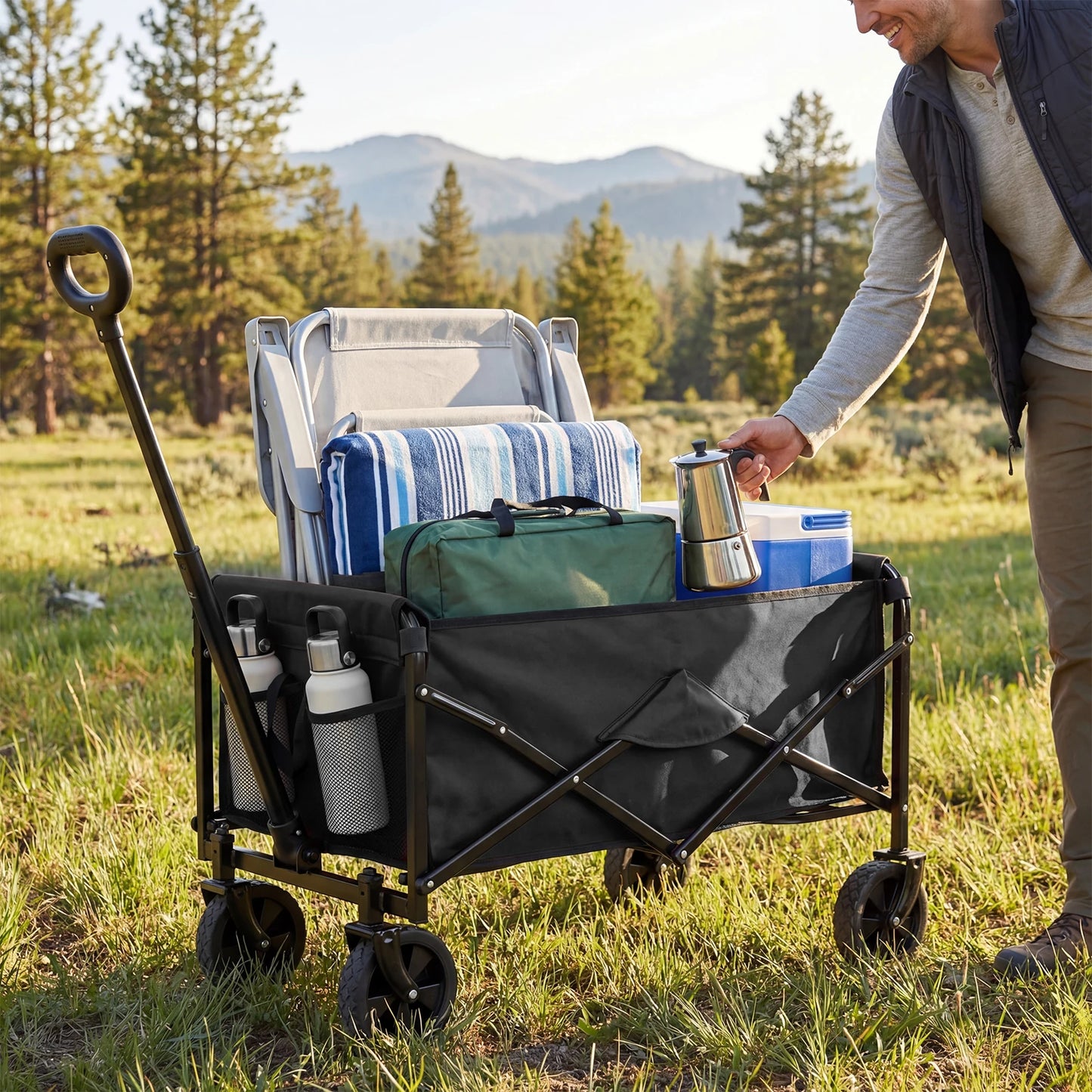 67L Heavy Duty Collapsible Wagon Cart Utility Folding Wagon with Wheels 220 lbs Weight CapacityFlexible Handle for Beach