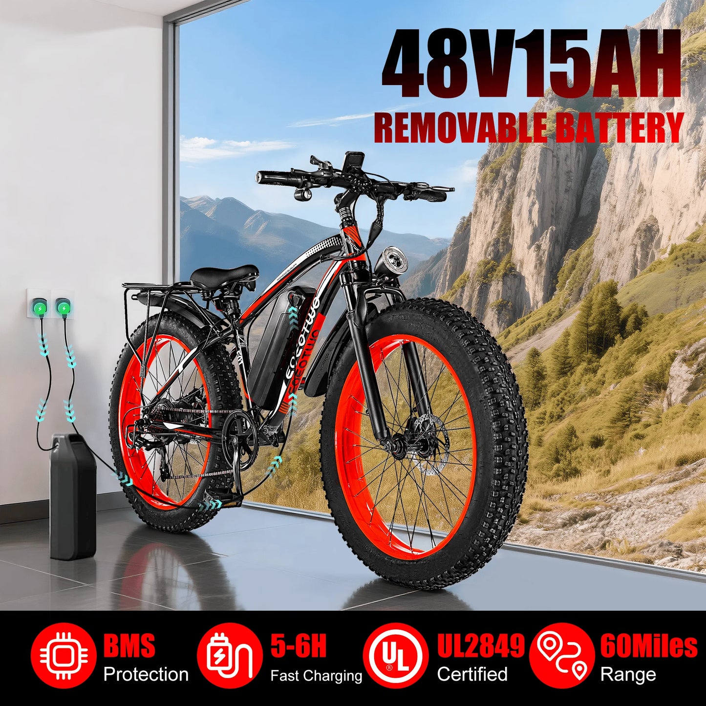 1500W Fat Tire Electric Bike for Adults 26"x4.0 All Terrain Ebike 34MPH Fast Mountain E-Bike 48V Long Range Snow Beach Bicycle