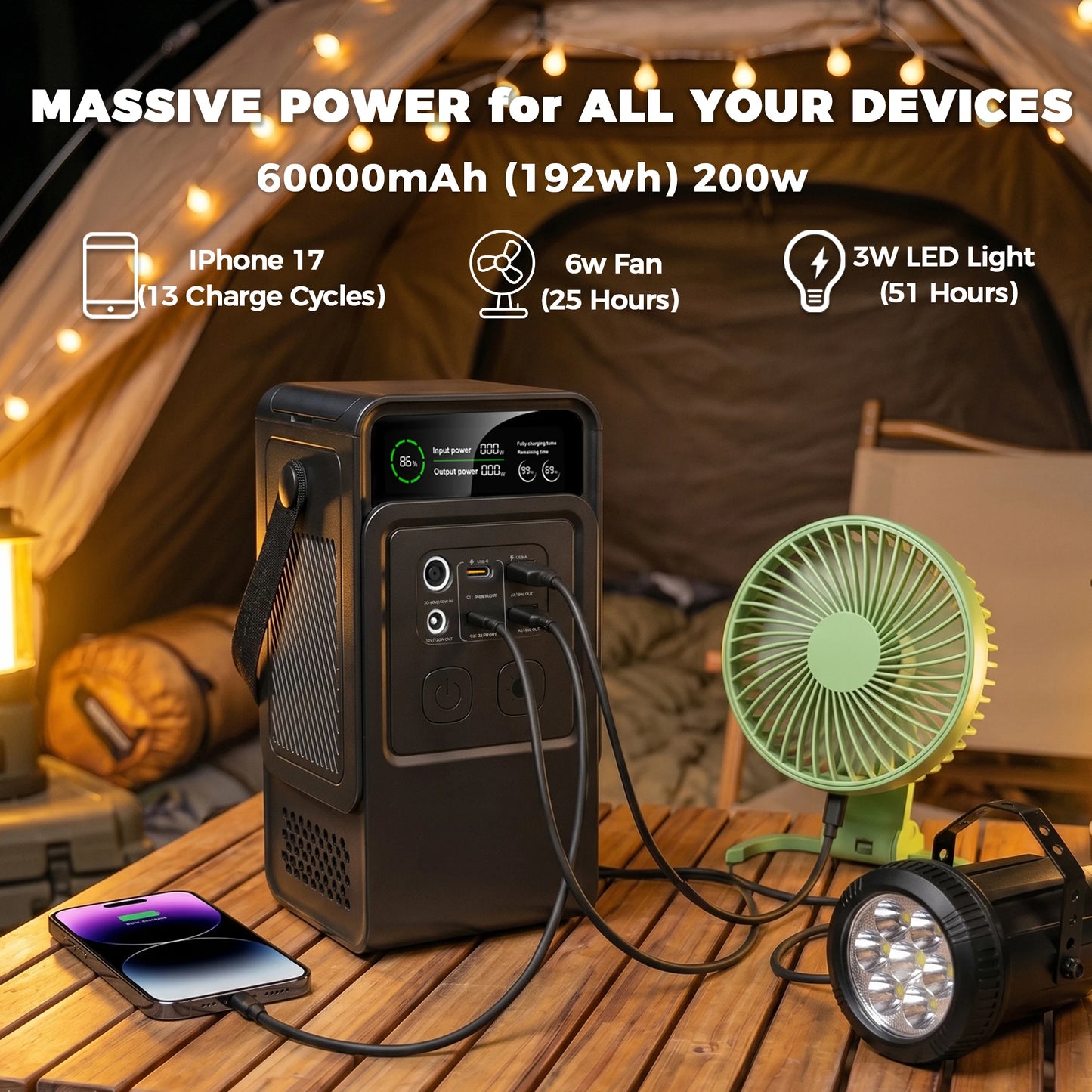 200W Power Station Camping 192Wh Lifepo4 Power Bank 60000mAh Portable Charger Battery Emergency Power USB TYPE-C Port