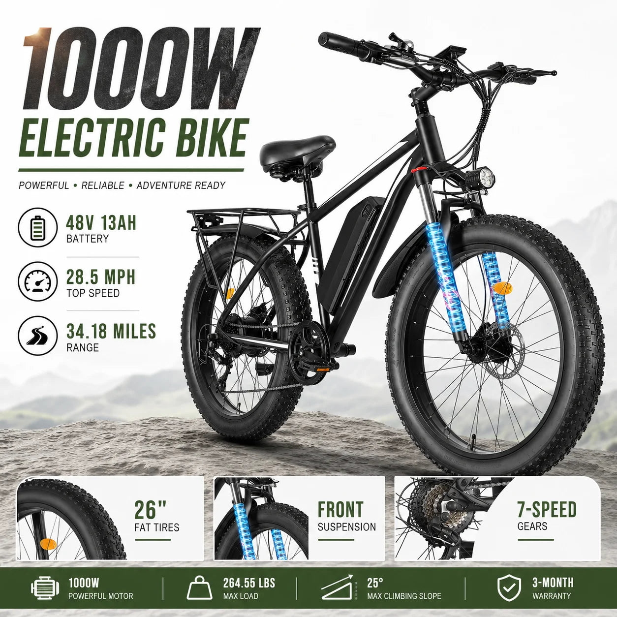 Adult Fat Tire Electric Bike 1000W Peak Motor 26 Inch 4.0" Wheel 48V 13Ah Battery 28.5MPH Top Speed 34.18 Miles Range 7 Speed All Terrain Ebike