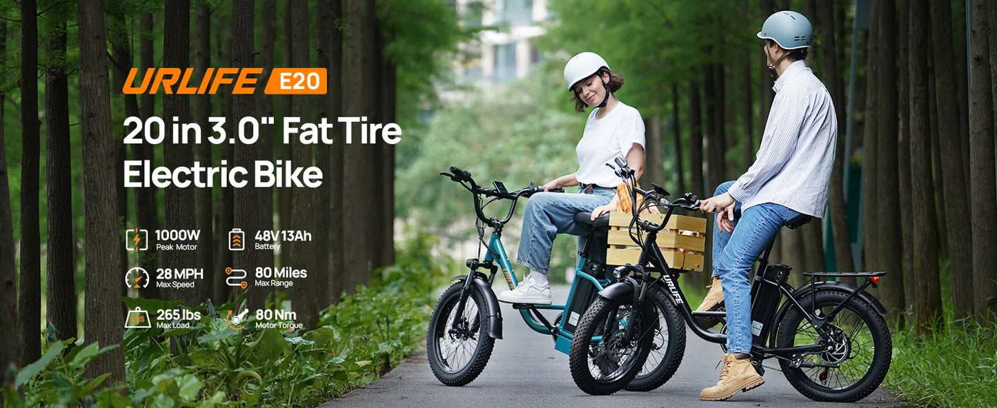 1000W 20x3" Fat Tire Electric Bike 48V 13Ah Removable Battery 28MPH 7-Speed Gears Dual Disc Brakes Adult Moped for Off-Road City