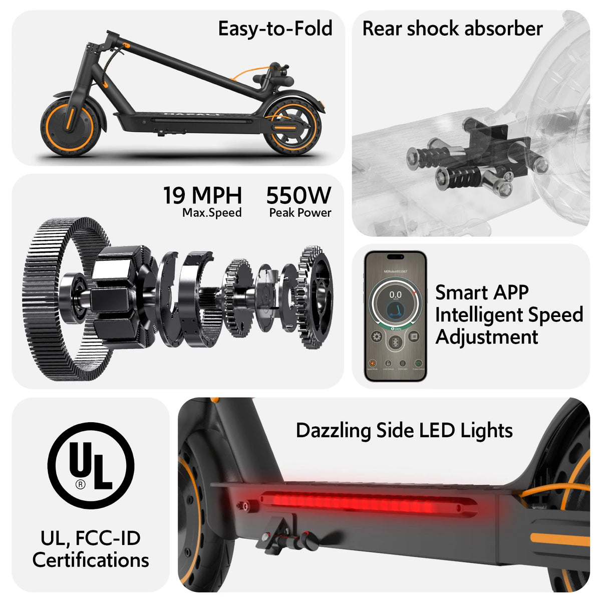 Electric Scooter for Adults, Foldable E-Scooter with Dual Suspension & Front/Rear Turn Signal Lights, 550W Motor up to 22 MPH, 10" Large Honeycomb Solid Tires