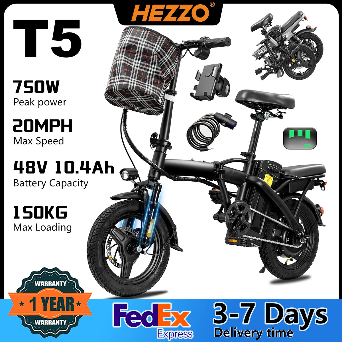 Lightweight Folding Electric Bike for Adults 48V 750W Peak Power 20MPH 18-22 Miles Range 14Inch Disc Brake Commuter E-bike