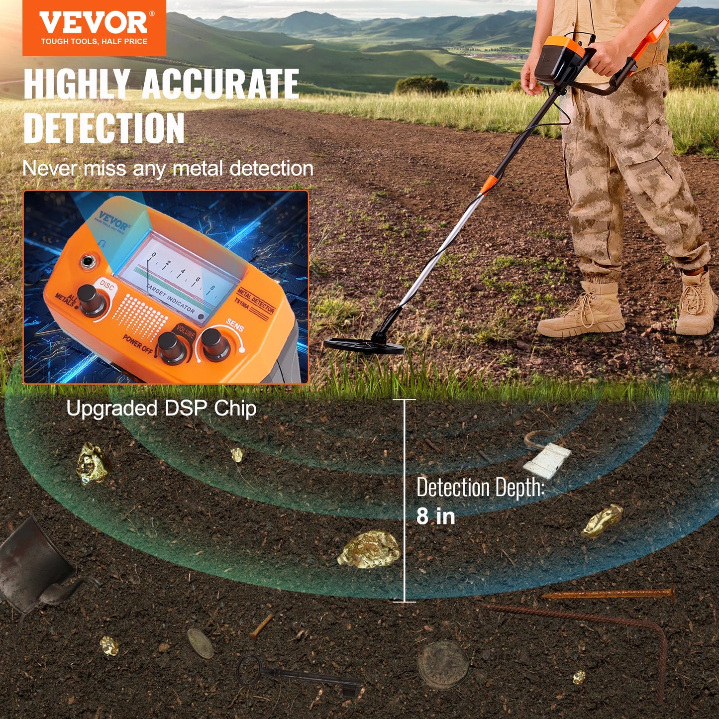 Metal Detector 8 Inch Waterproof Search Coil High Accuracy Pointer Display Adjustable 38''-49'' Aluminum Stem Detector