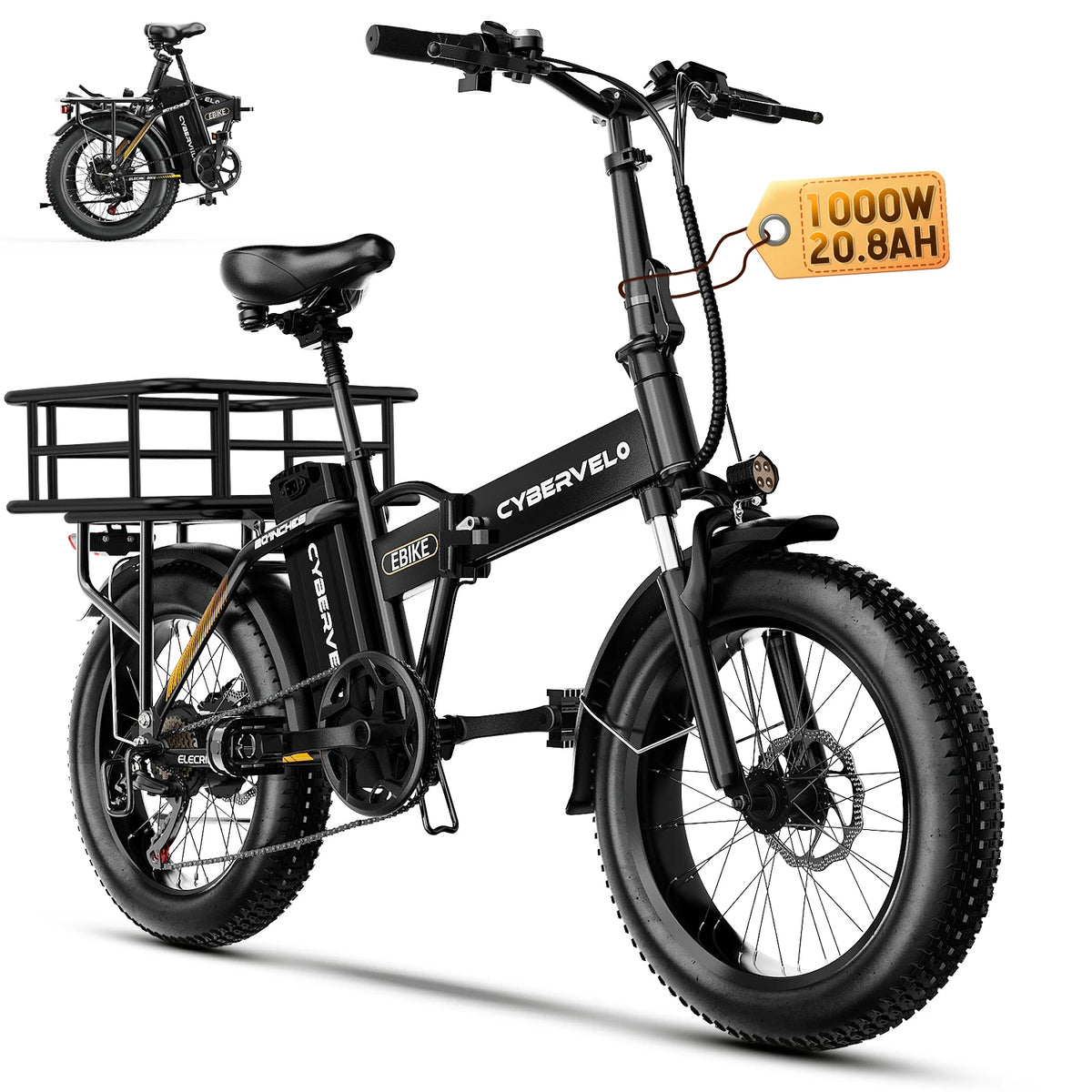 Cybervelo 20” Fat Tire Removable Battery E-Bike 1000W Peak 48V20.8ah 7-Speed Shift Electric Bike 28+MPH 80Miles Long Range EK4