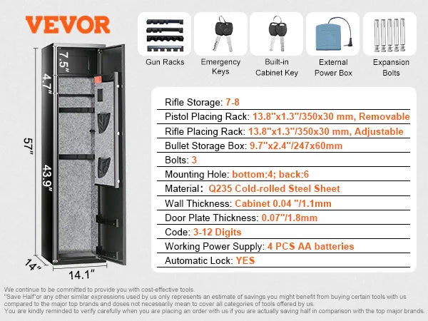 3-8 Rifles Gun Safe with Digital Keypad & Lock Gun Storage Cabinet with Removable Storage Shelf for Home Long Gun Pistols