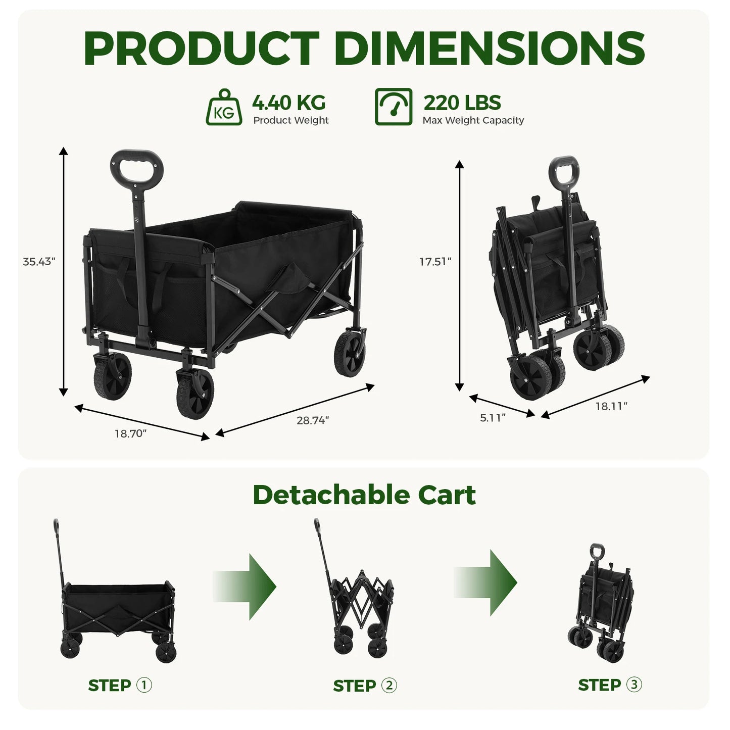 67L Heavy Duty Collapsible Wagon Cart Utility Folding Wagon with Wheels 220 lbs Weight CapacityFlexible Handle for Beach