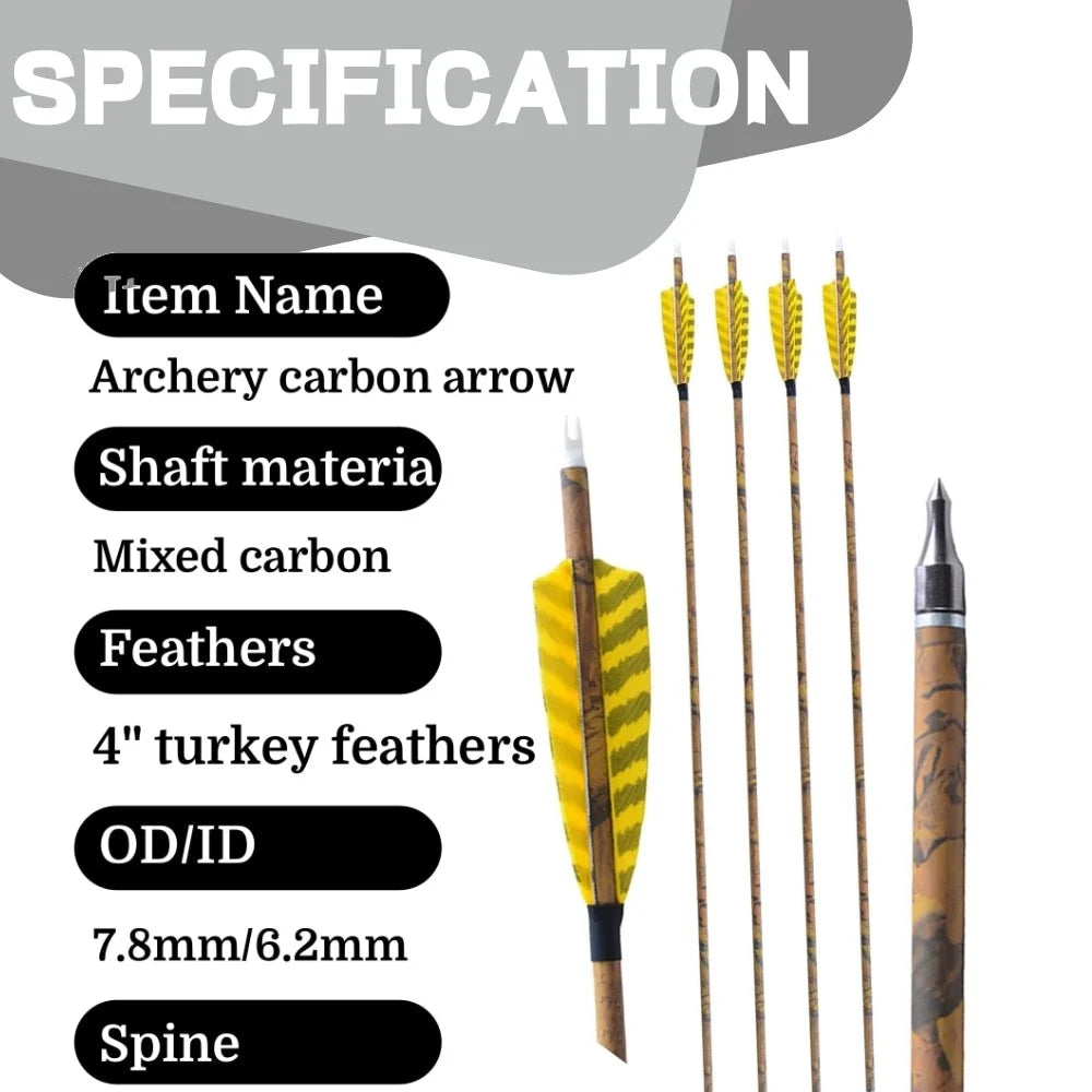 Carbon Arrows 30 Inch Spine 500 Mixed Carbon Shaft ID6.2mm Shield-Shaped Turkey Feathers for Hunting Target Shooting Practice