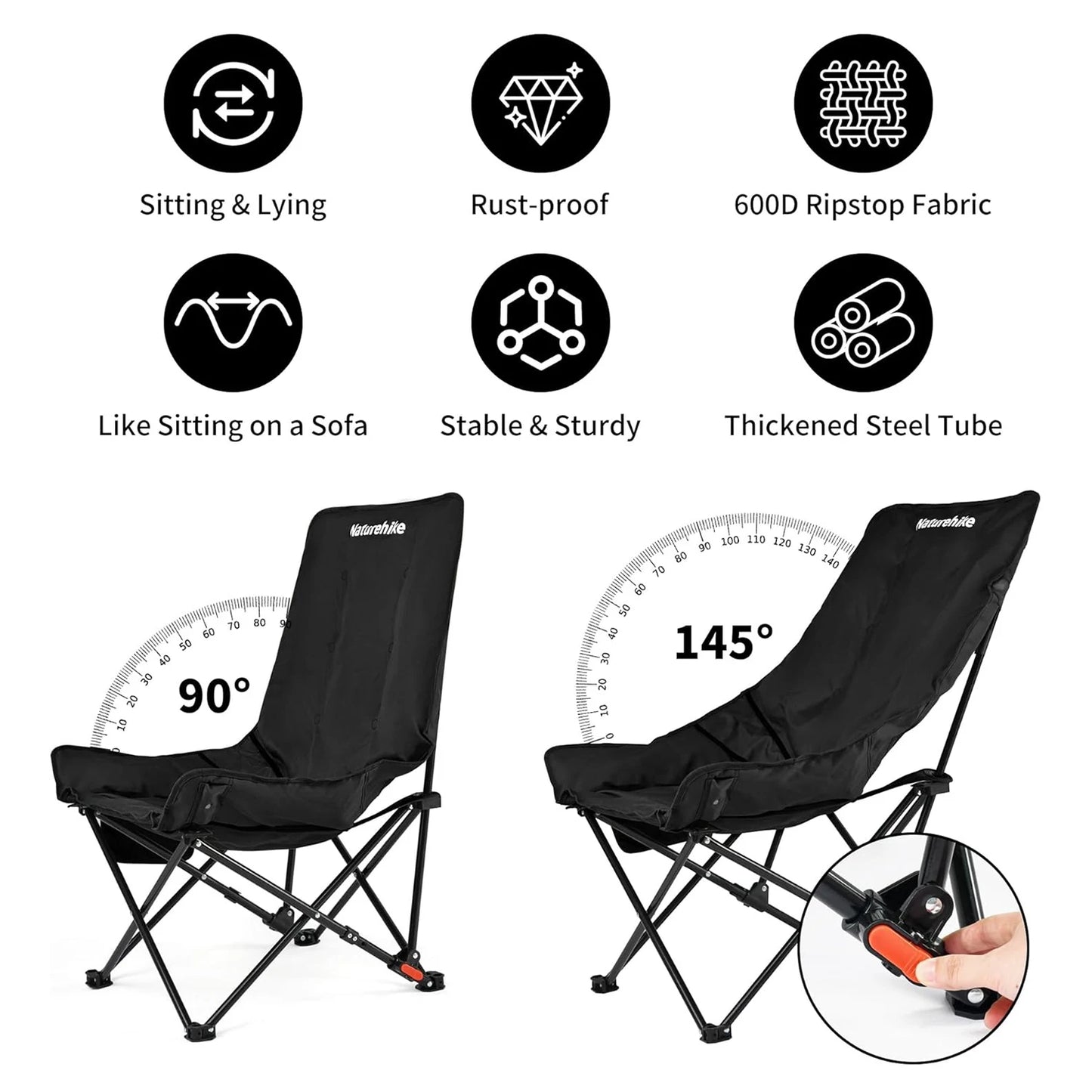 Recliner Outdoor Folding High Back Moon Chair 2-Position Adjustable Portable Camping Chair for Relaxing Foldable Leisure Travel Furniture Picnic
