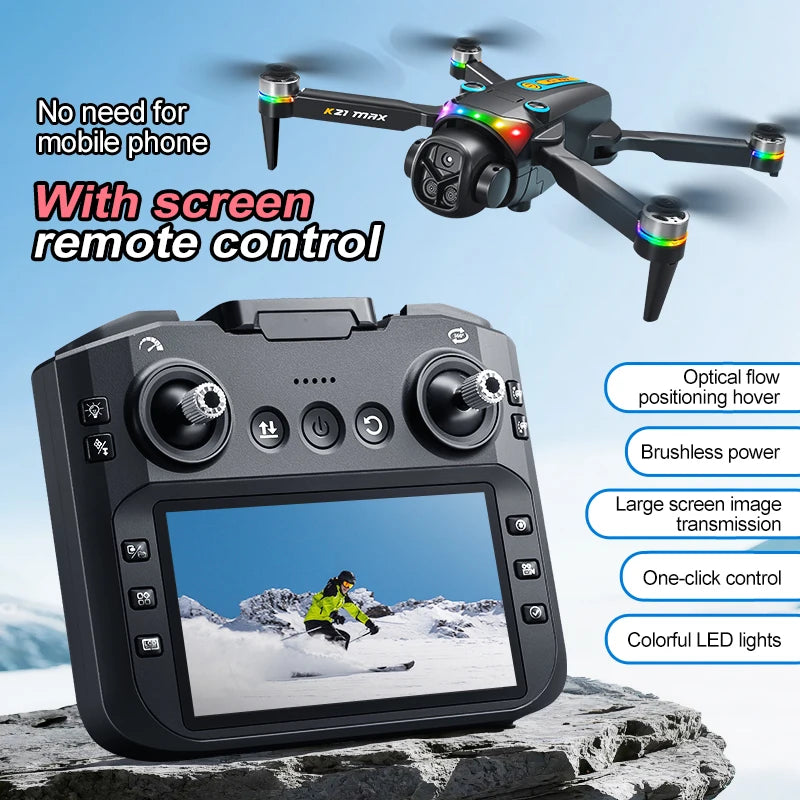 K21MAX Foldable Brushless Drone With Screen Remote EIS Dual Electric Camera Optical Flow Hover Colorful LED Light RC Quadcopter