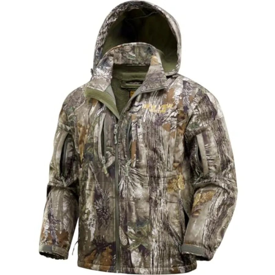Camo Hunting Jackets for Men Warm Fleece Lined Hunting Jacket with Hood Quiet Water Resistant Hunting Clothes