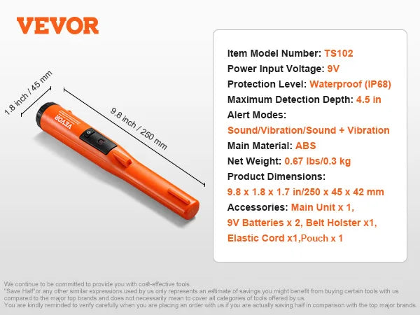 Metal Detector Pin pointer IP66/IP68 Waterproof Handheld Pointer Wand 1.96"/4.5" Detection Depth 3 Modes for Detecting