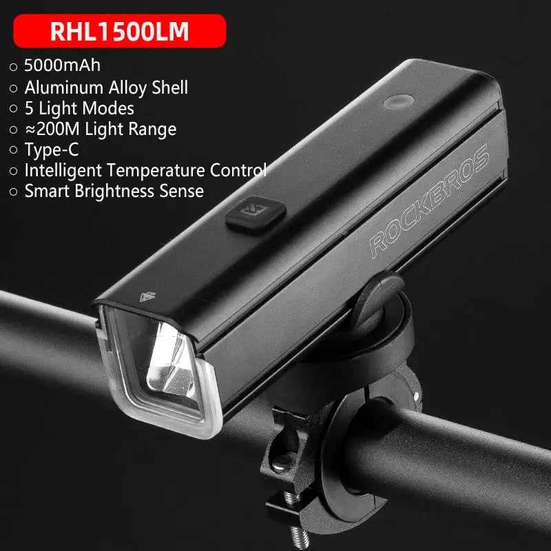 Bicycle Light 1500LM 5000mAh Type-C Charging Bike Light Smart IPX6 Aluminum Alloy Light Front Lamp Cycling Headlight