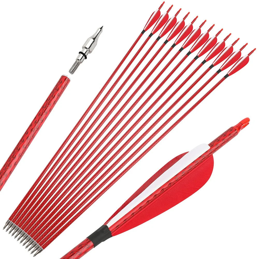 Mixed Carbon Arrows 12pcs 31.5" Spine 500 ID 6.2mm OD 7.8mm with 4" Turkey Feather and 100Grain Arrowheads for Compound Recurve Bow Hunting Shooting Target Practice Durable Archery Accessories