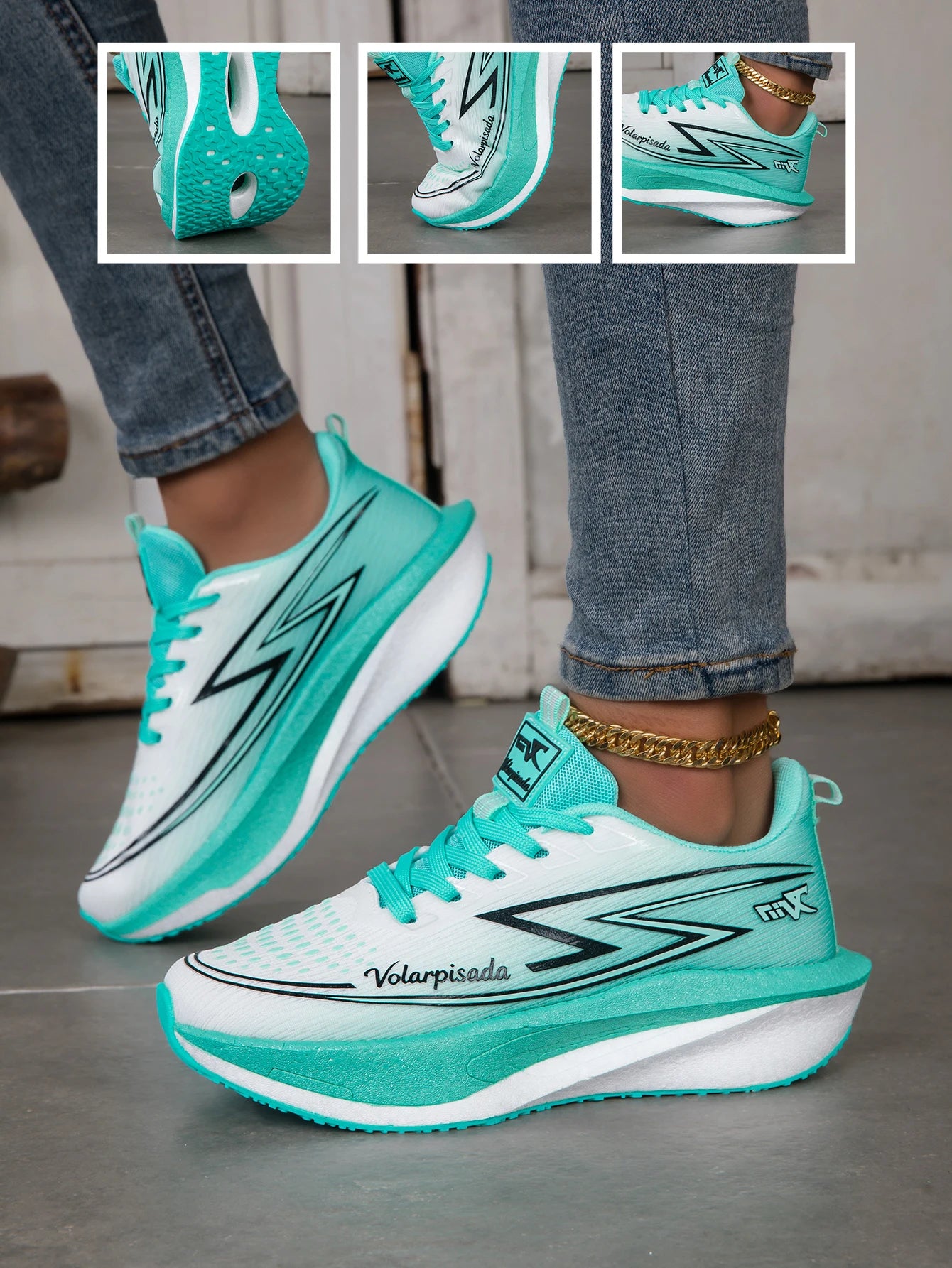 Women Gradient Lightning Print Running Sneakers Breathable Flying Weave Mesh Light Cushion Non Slip Shock Absorb Athletic Gym Jogging Sport Shoes