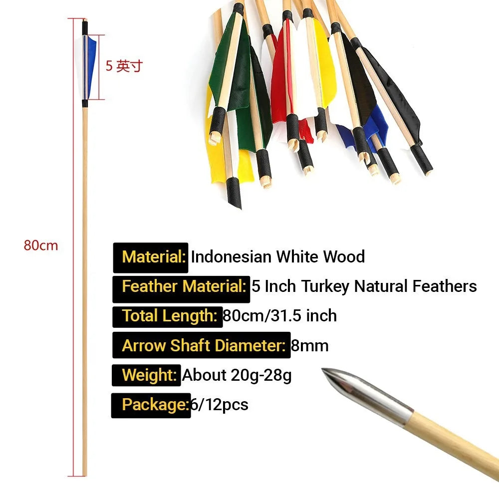 Hunting Arrows 12pcs 31.5inch Handmade Wooden Shaft with 5inch Natural Feathers for Outdoor Shooting Sports