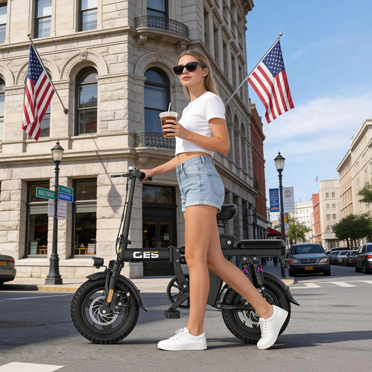 GE5 48V 15AH Battery EBike 30+MPH 250W Folding Electric Bike 30 Miles Max Range Electric Bike for Adults 14" Fat Tire