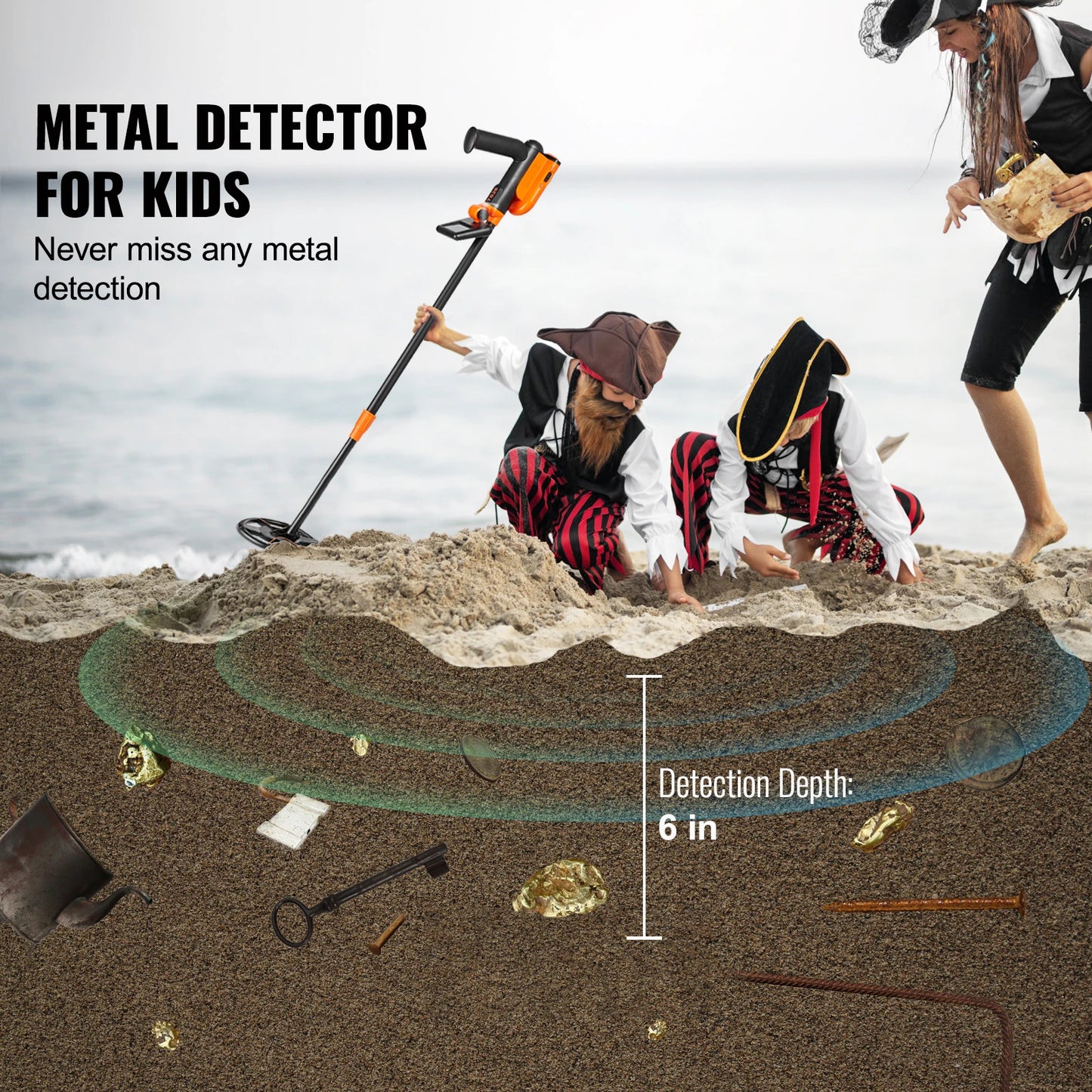 Metal Detector for Kids 6 Inch 25''-37'' Adjustable Length IP68 Waterproof Search Coil & LCD Display for Detecting Gold