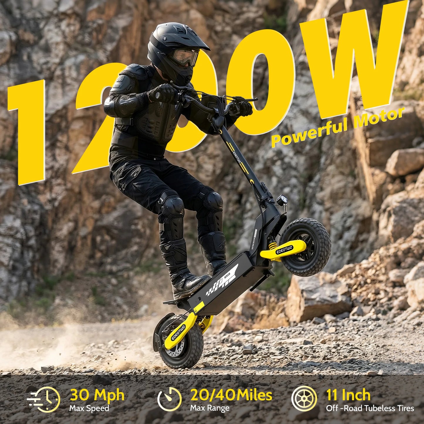 1200W Off Road Electric Scooter for Adults 48V Long Range E-Scooter 30MPH Fast Speed 11" Tubeless Tire Foldable Kick Scooter