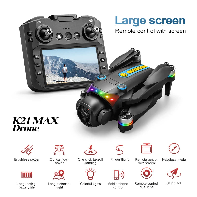 K21MAX Foldable Brushless Drone With Screen Remote EIS Dual Electric Camera Optical Flow Hover Colorful LED Light RC Quadcopter