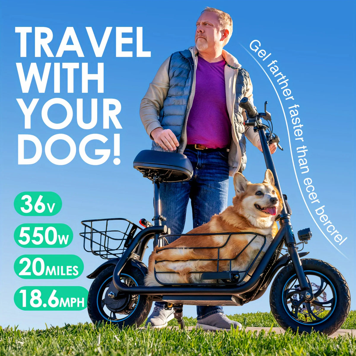 Electric Scooter with Basket for Pet, 3 Riding Modes Foldable Electric Scooter for Adults - up to 20 Miles 18.6MPH