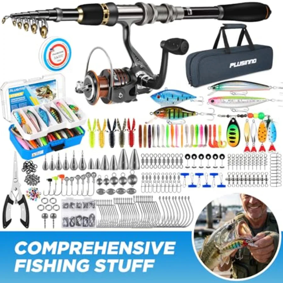 Fishing Gear - Telescopic Fishing and Reel Tackle Box, Collapsible Rod and Lures Box, Travel Fish Pole Starter Kit, Fishing Acc