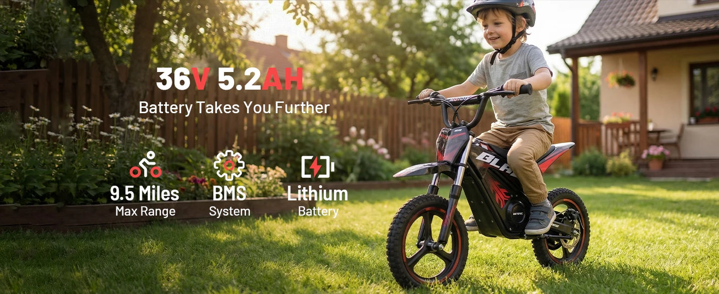 HP01E 36V 350W Electric Dirt Bike for Kids, 2 Speed Modes, Electric Motorcycle Up to 15.5 MPH & 9.5 Miles Long-Range.