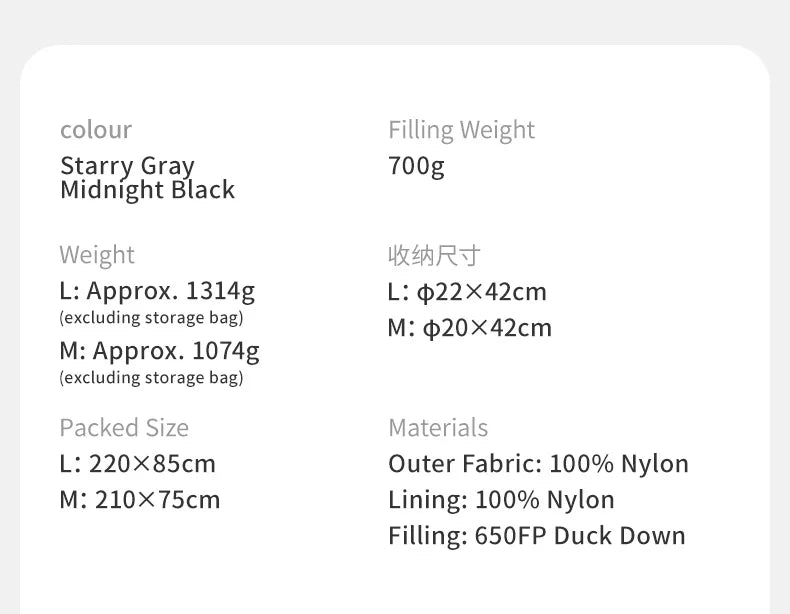 CW700 Sleeping Bag Ultralight Down Sleeping Bag for Adults Outdoor Winter Warm 650FP Duck Down Envelope Sleeping Bag