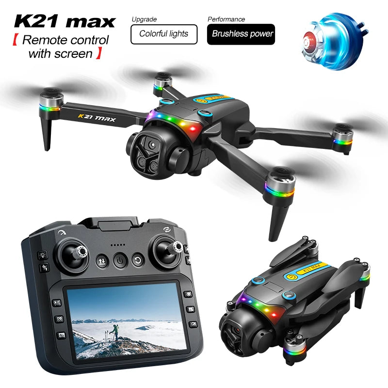 K21MAX Foldable Brushless Drone With Screen Remote EIS Dual Electric Camera Optical Flow Hover Colorful LED Light RC Quadcopter