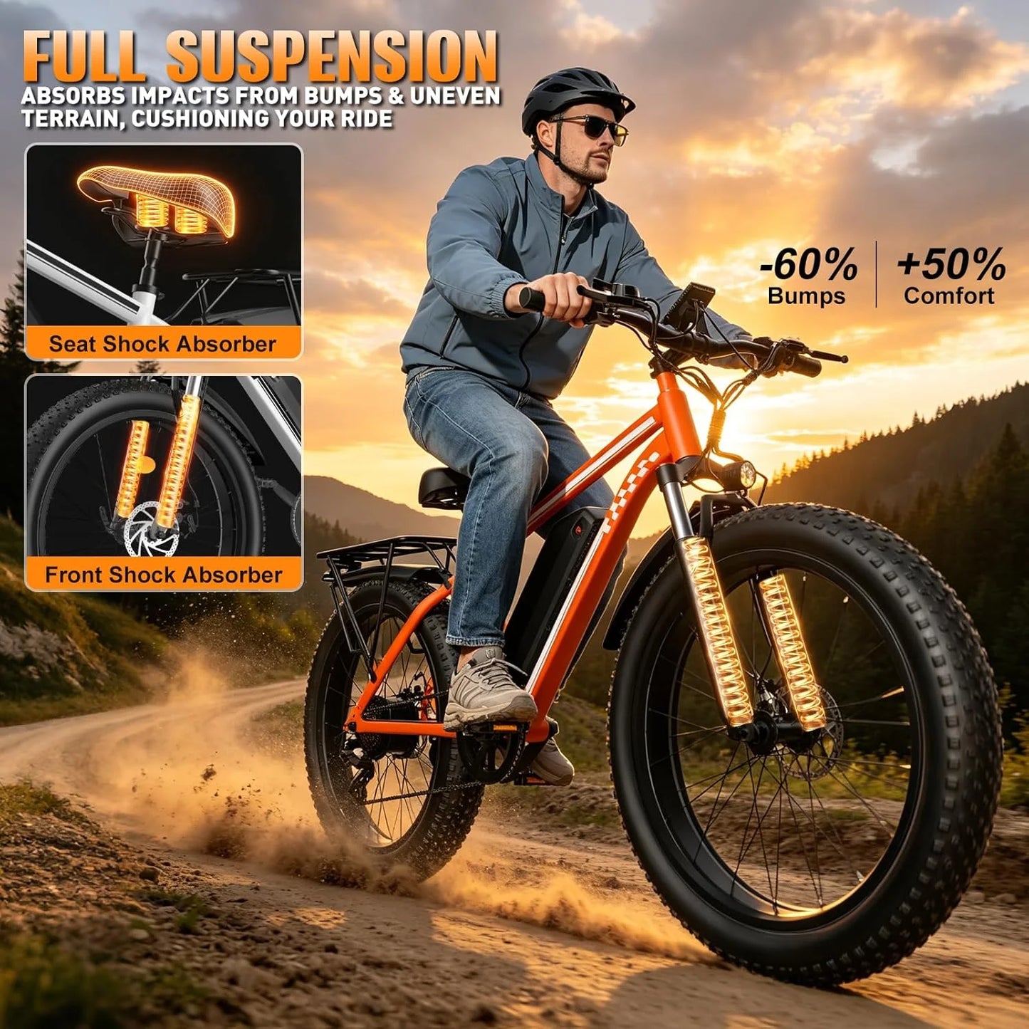 Orange Electric Bike 48V 15AH Battery 1500W Peak Motor 32MPH 26" Fat Tire Adults Mountain Off-Road Dirt Ebike