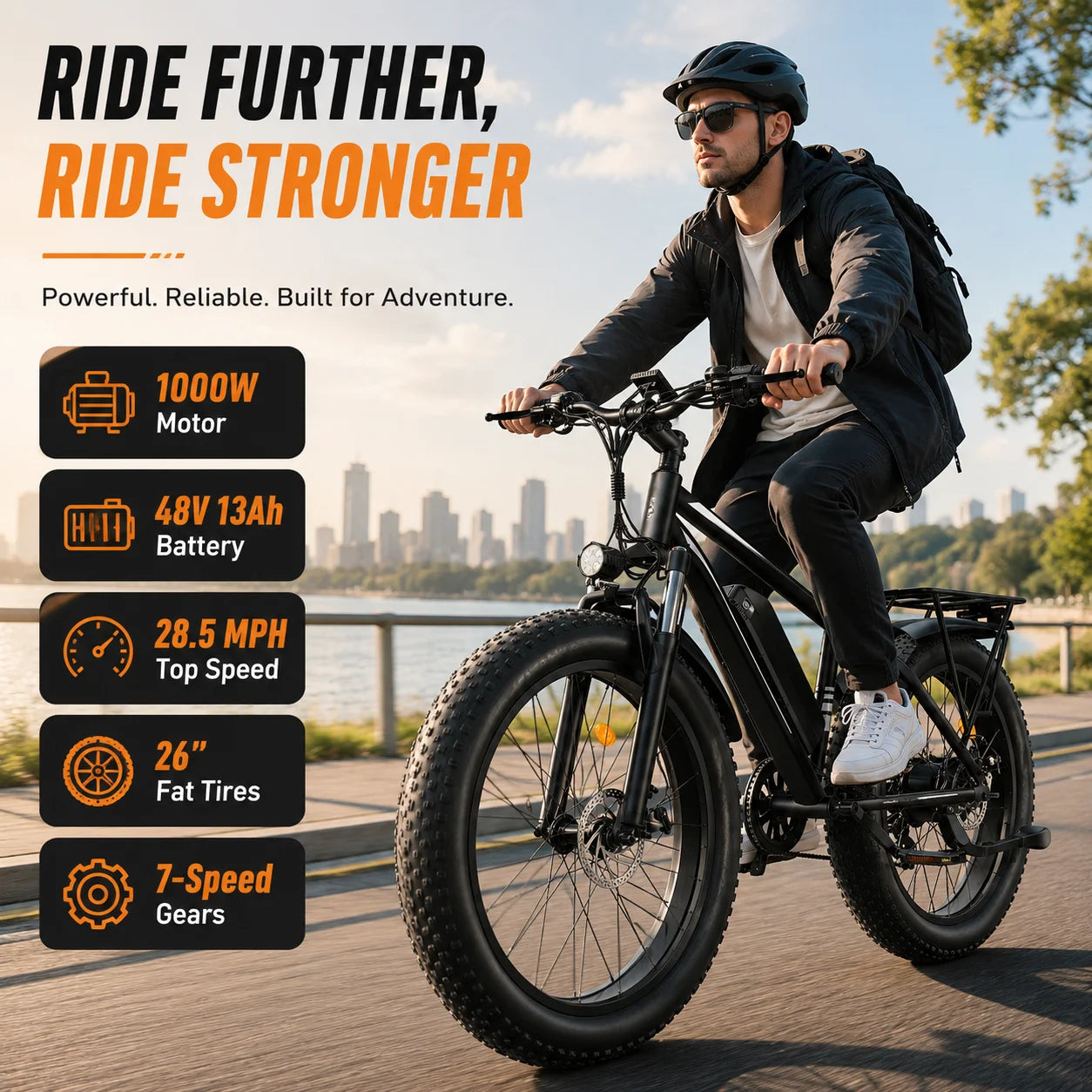 Adult Fat Tire Electric Bike 1000W Peak Motor 26 Inch 4.0" Wheel 48V 13Ah Battery 28.5MPH Top Speed 34.18 Miles Range 7 Speed All Terrain Ebike