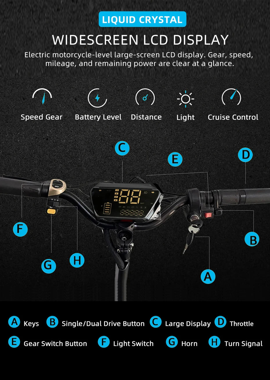 60-85KM/H Fast Electric Scooter for Adults, 1200W-6000W High Power E Scooter Single/Dual Motor, 48V 52V 60V 72V Long Range 40-100KM, 10Ah-30Ah Battery, 11 Inch Off Road Fat Tire All Terrain Electric Scooter with Dual Suspensi